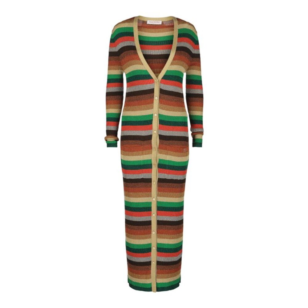 Valentino Metallic Striped Ribbed-Knit Cardigan Multi Womens